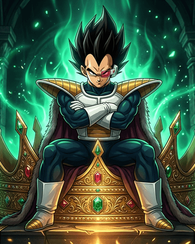 Vegeta — Prince of all Saiyans, sitting on a golden crown